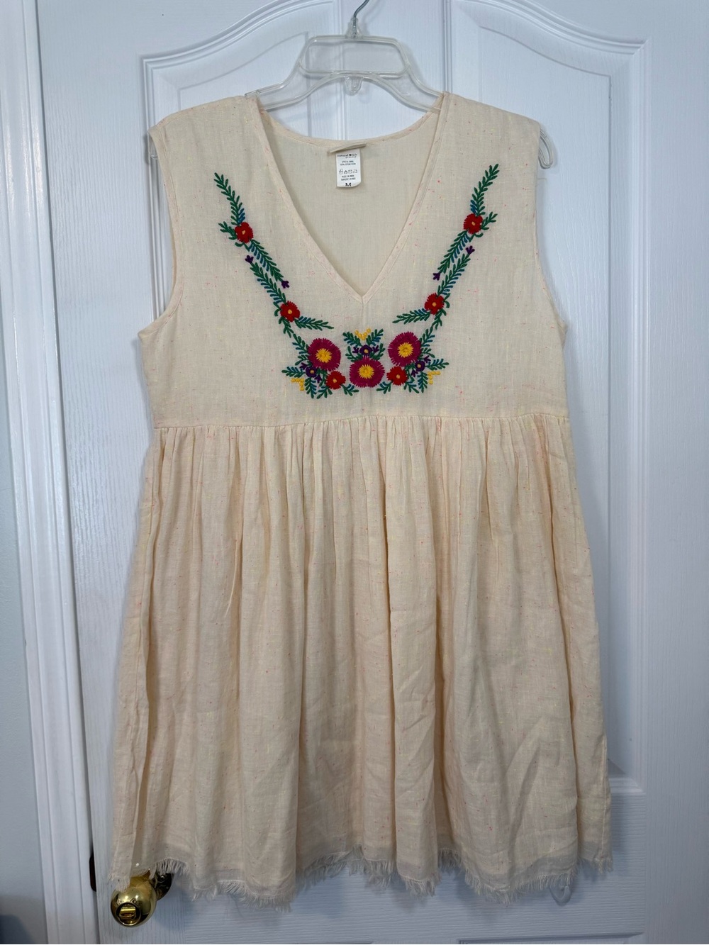 NATURAL LIFE Cream Sleeveless Dress with Bright Floral Embroidery 100% Cotton